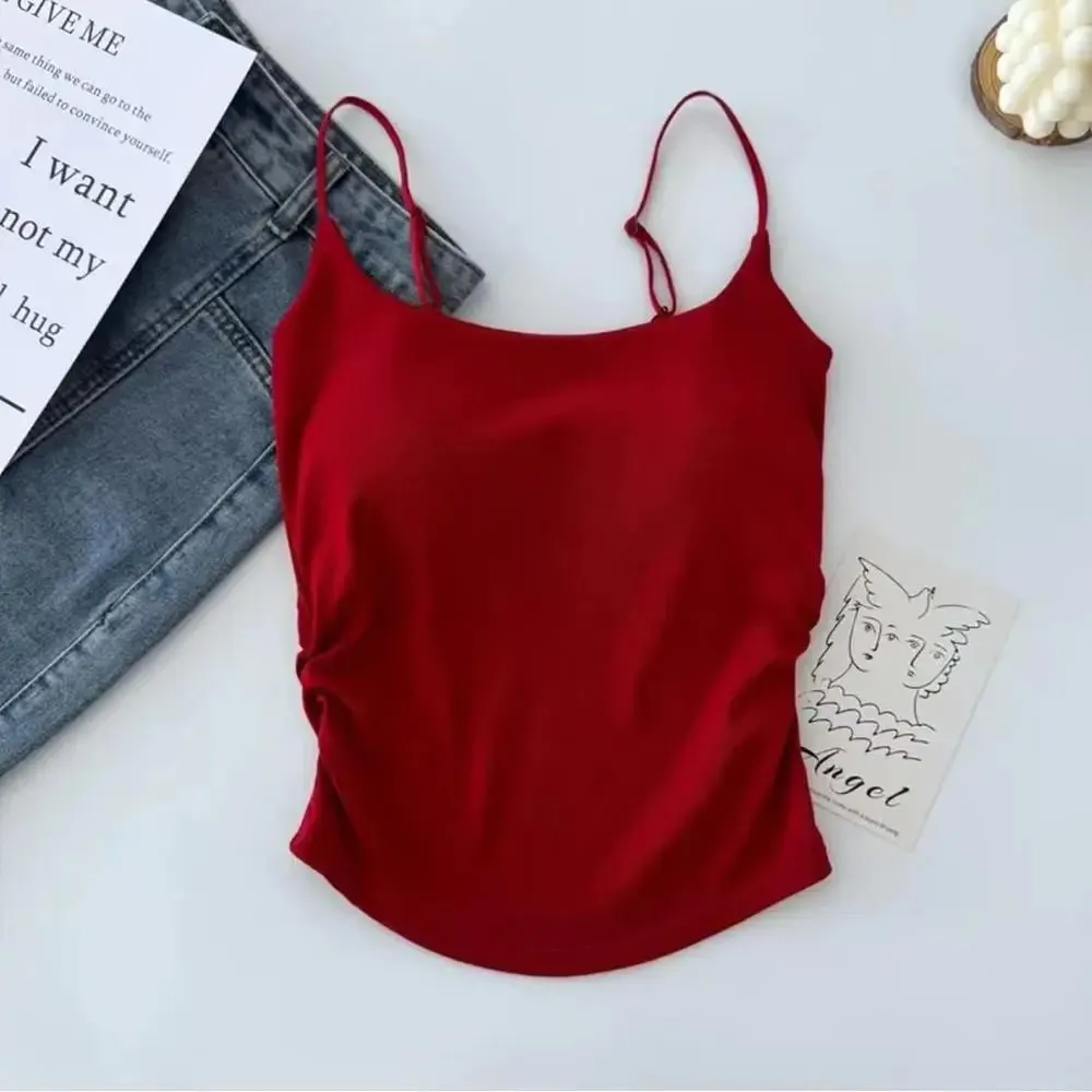 Feminino cor sólida alças de espaguete sem mangas camisola fina com almofada no peito moda feminina verão topo vestindo dentro e fora