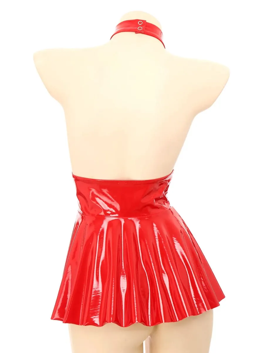 Vestido feminino brilhante metálico falso couro vazado halter costas nuas mini vestido skatista look molhado plissado saia linha festa roupa de balada — image 5