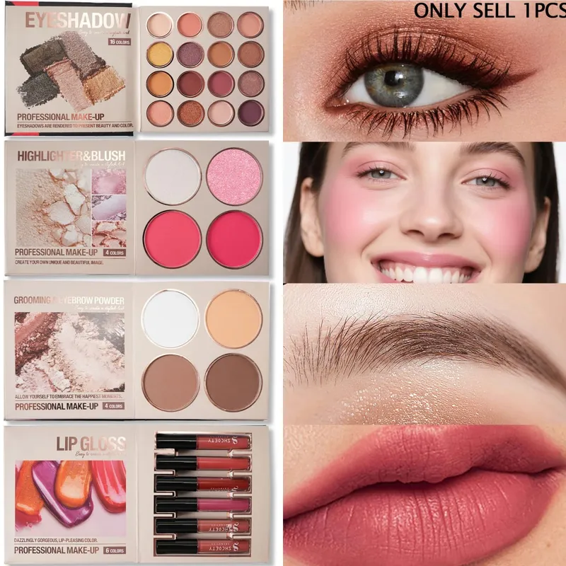 Kit de livro de maquiagem multifuncional multipáginas, sombra, blush, iluminador, pó de sobrancelha e brilho labial, paleta cosmética