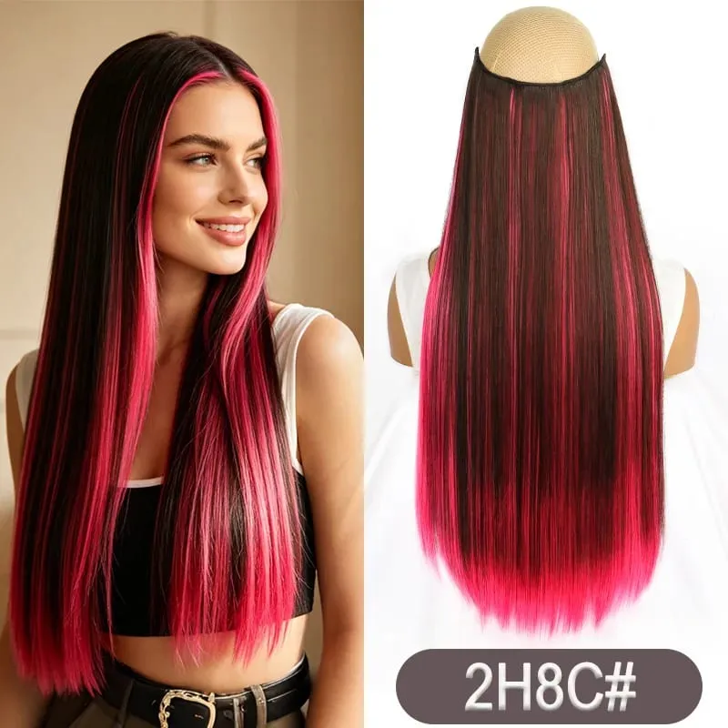 Clipe sintético de destaque de arco-íris de uma peça longa e reta de 24 polegadas em extensões de cabelo para mulheres, uso diário, fácil de usar