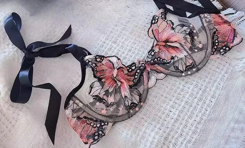 Reggente Pizzo Francese Farfalla Rete Trasparente Spalline Elastiche Senza Spugna Set Intimo S-XL Nuovo Morbido