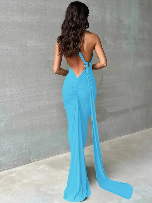 Hugcitar um ombro sem costas ajustável cachecol laço ruched sexy maxi vestido 2025 feminino elegante y2k streetwear festival outfit