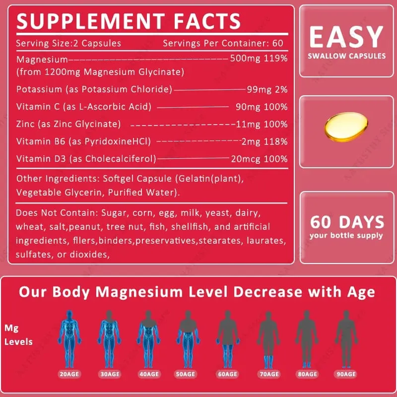 Magnesium Glycinate Capsules with Zinc Potassium for Muscle Heart Bone Immune System Health — image 3
