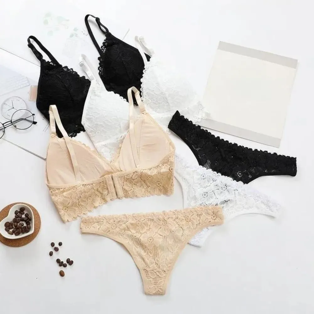 Underpants V Neck Lace Flower Bra Set Solid Color Thong Floral Panties Bra Kit Lingerie T-Back Lace Underwear Women — image 2