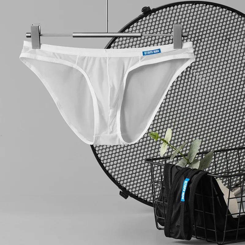 Cueca masculina sexy fina de seda gelo translúcida cuecas u bolsa ropa interior hombre calcinha masculina