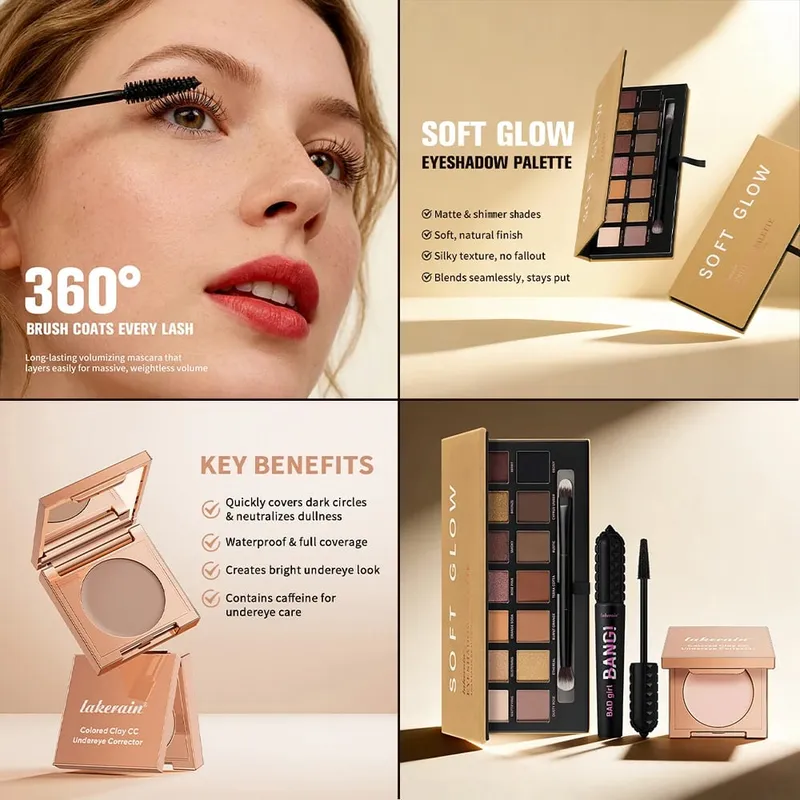 3pcs/set CC Full Coverage Undereye Color Corrector Glow Eyeshadow Palettes Volumizing Mascara Lasting Beauty Eyes Makeup Kit