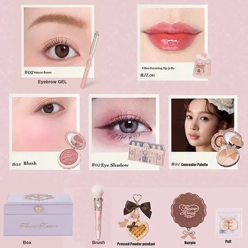 Flor saber morango rococó tudo-em um conjunto de presente kit de maquiagem completo espelho de jardim profissional blush em pó creme labial flowerknows — image 4