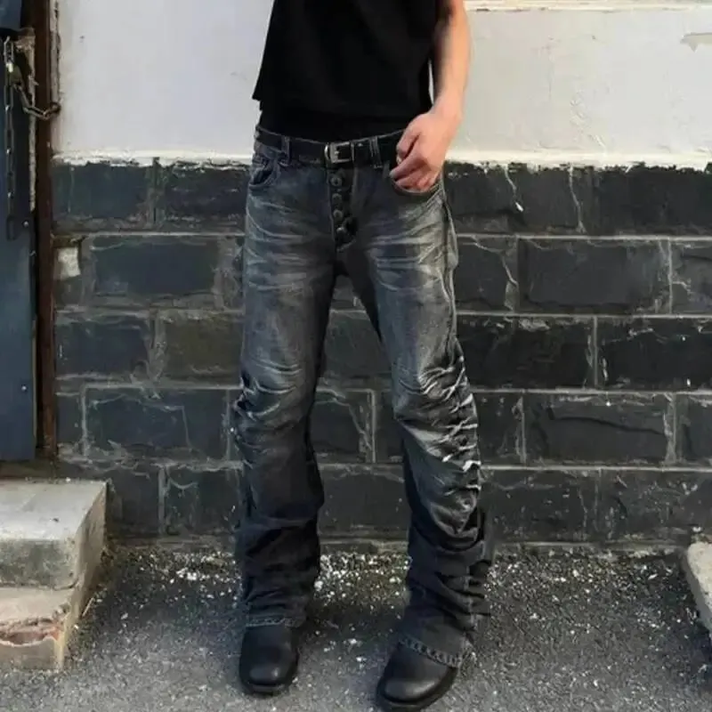 Calça jeans masculina estilo americano, botão de lavagem, design plissado, jeans solto, cor contrastante, casual, fundo masculino, vintage 4k5156 — image 5
