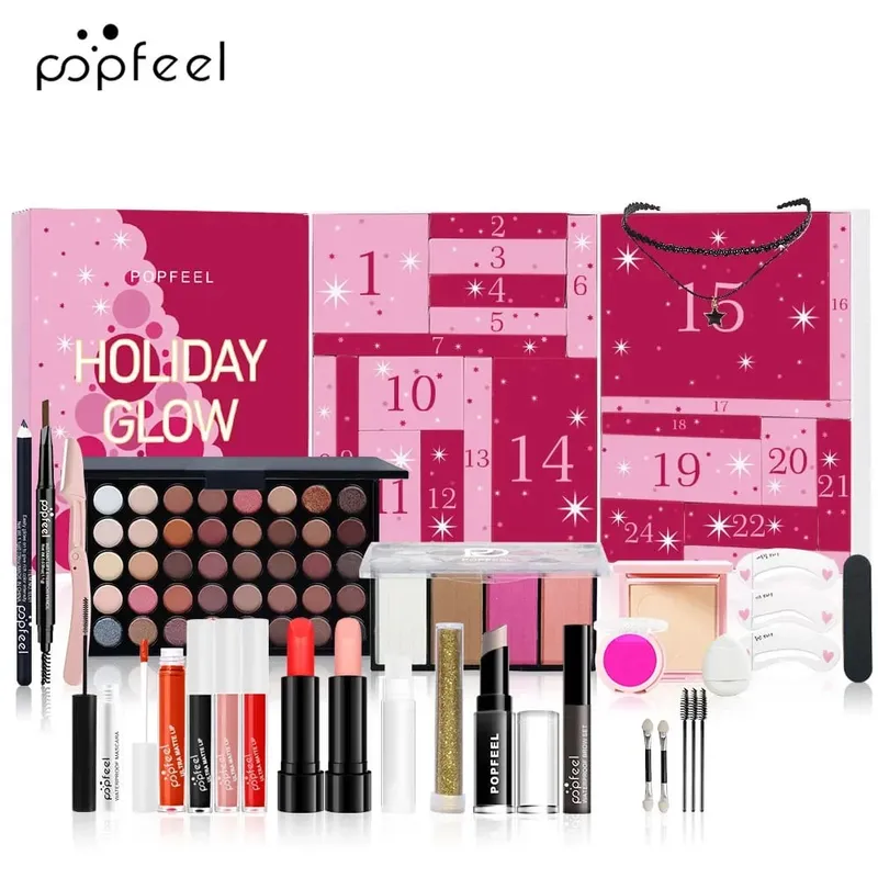 Conjunto de maquiagem de contagem regressiva de natal batom sombra de olho cosméticos 24 peças feriado beleza advento calendário caixa de presente para mulheres meninas