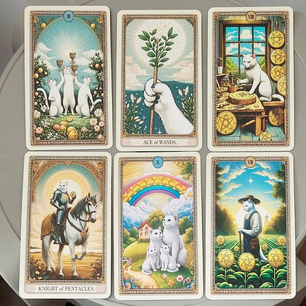 78 cartas com guia de tarô de gato, baralho de tarô com tema de gato branco fofo, cartas de adivinhação em caixa de lata portátil 11 * 6,2 cm
