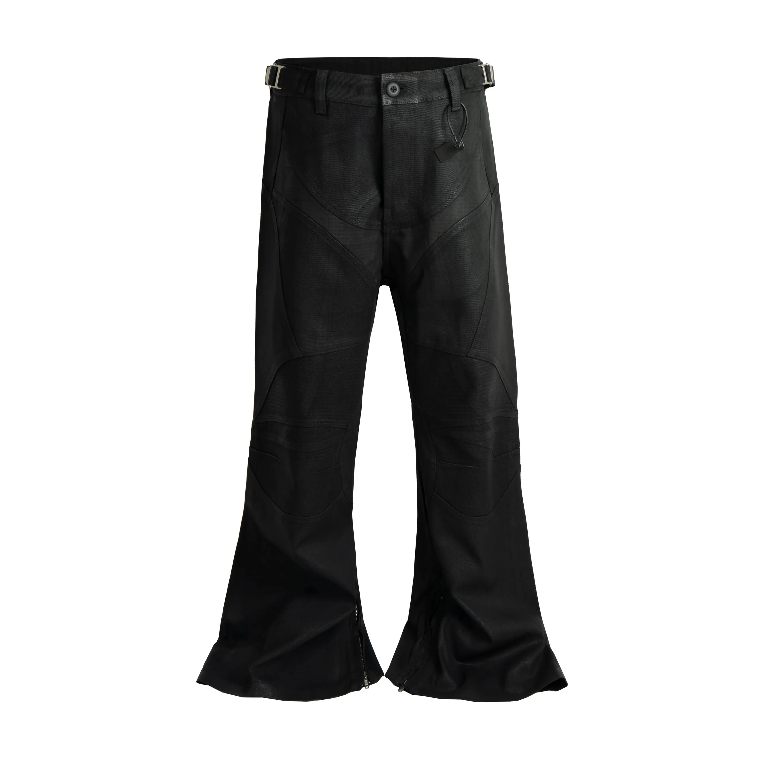 Techwear estilo encerado revestimento plissado retalhos punk queimado jeans homem cintura fivela design vintage motocicleta calças casuais