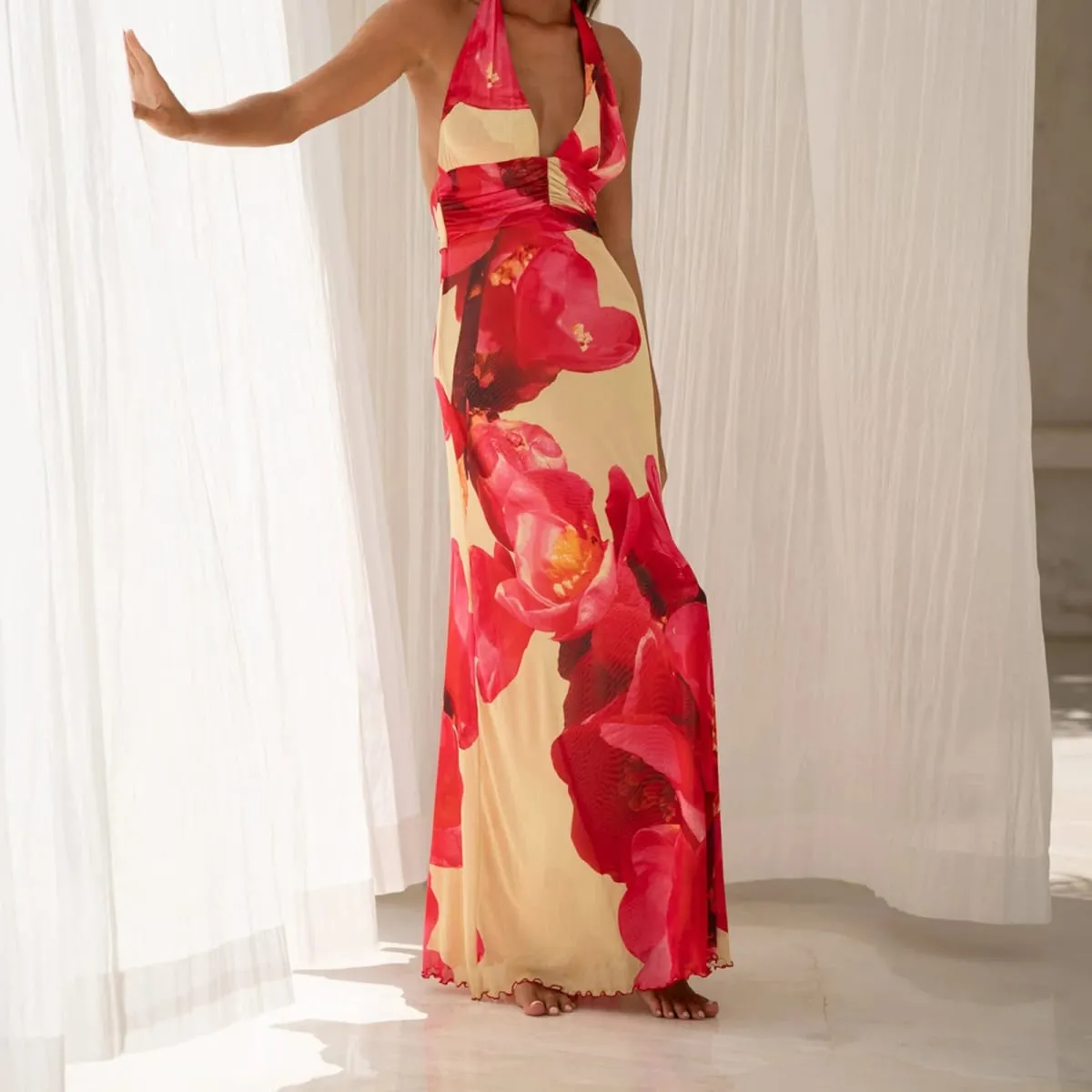Combhasaki Mulheres Verão Sem Mangas Tie-up Halter Decote Em V Profundo Backless Flor/Pontos Estampado Plissado Hem Malha Ruched Vestido Longo Linha A