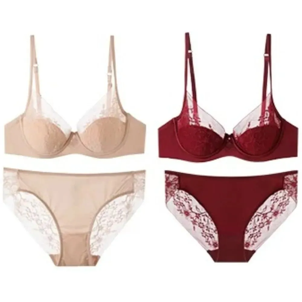 Kit íntimo de renda vermelha festiva de noiva com arame macio, copo fino, conjunto de lingerie de suporte para busto pequeno 32-38, roupa íntima feminina