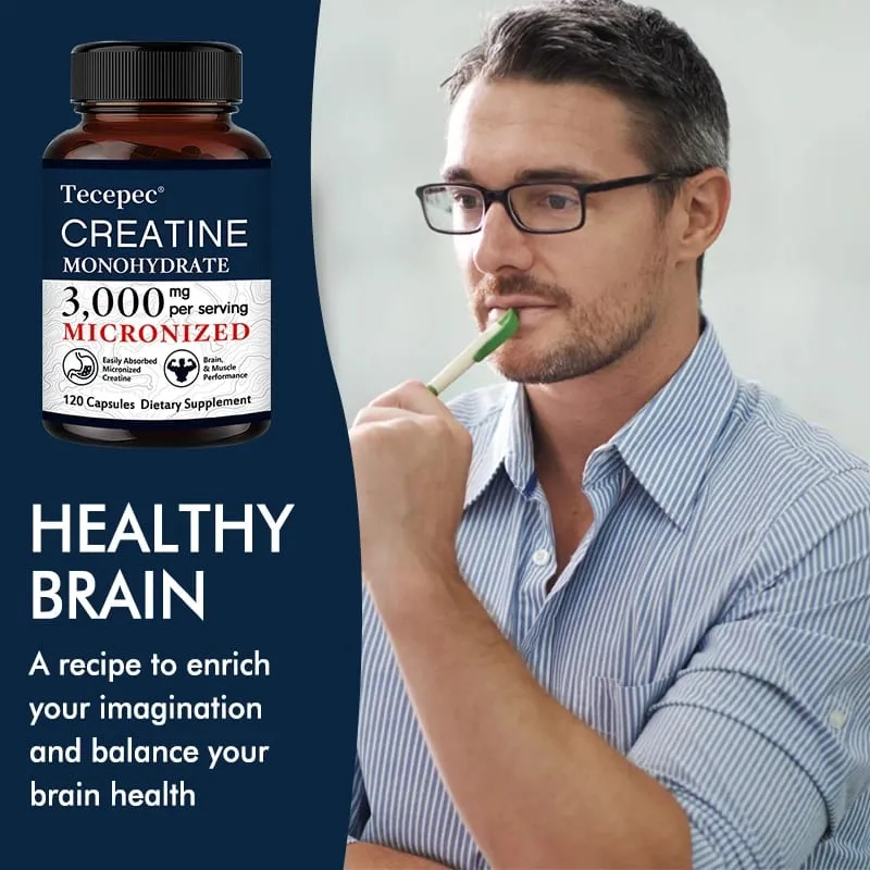 Cápsulas de Creatina Monohidratada 3000 mg Apoiam o Pré-Treino e Músculos Saudáveis, Foco e Memória Fácil de Absorver Fácil de Engolir