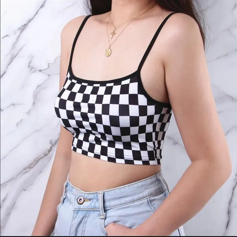 Preto vermelho xadrez xadrez tanque superior halter feminino nu midriff colheita topos camis moda tubo superior feminino sem mangas colete cortado