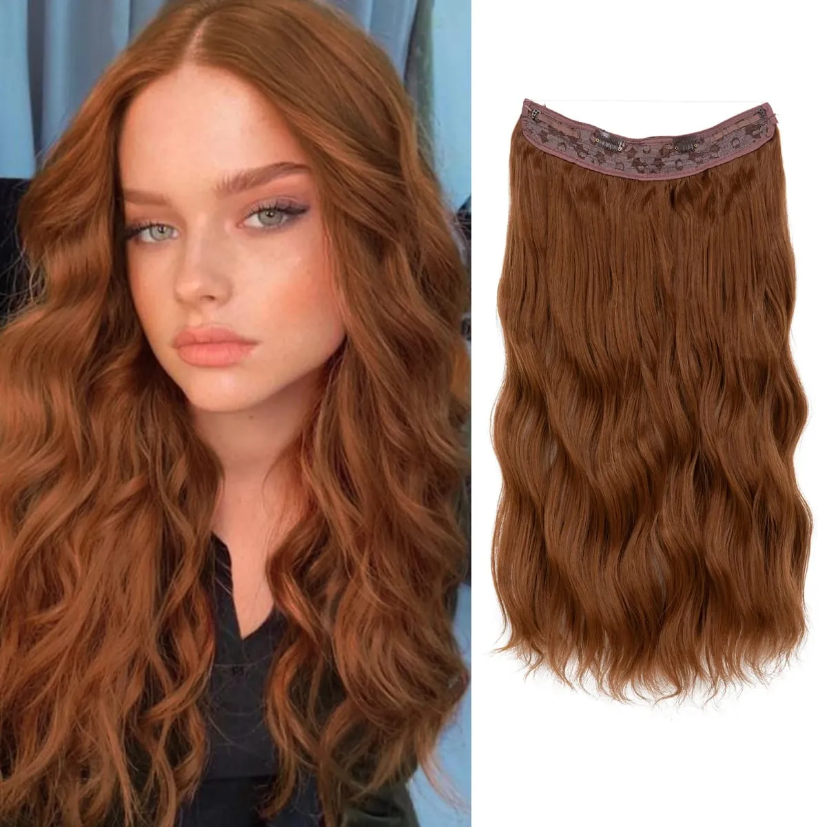 Fio invisível ondulado sintético com clipes, extensão de cabelo, linha de peixe, loiro natural, clipe em peça de cabelo falso