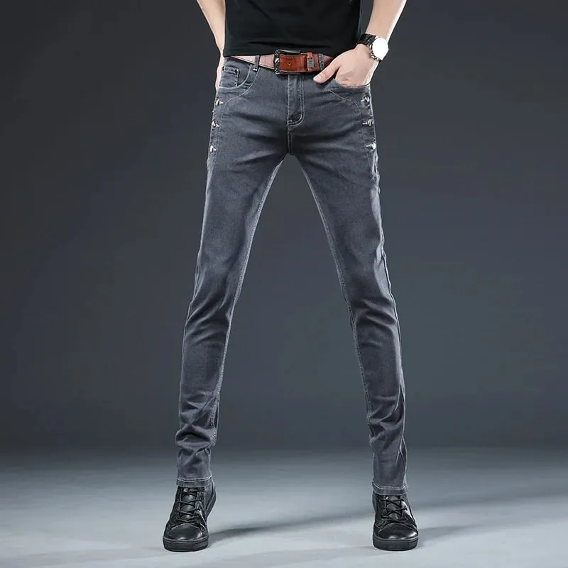 Novos homens magro botão preto jeans magros cor sólida estiramento skate multi-botão juventude masculino calças jeans