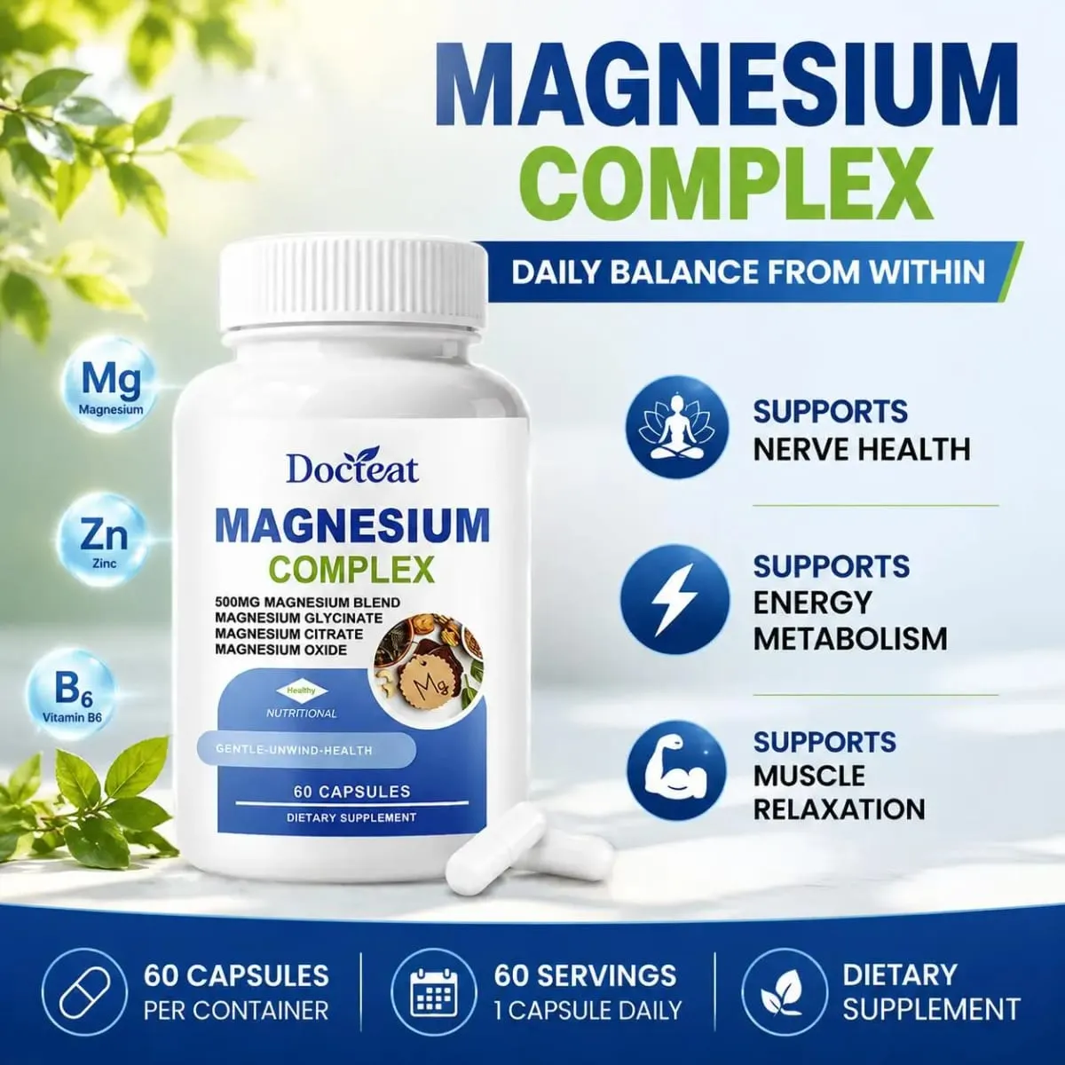 Docteat Magnesium Complex Capsules 500mg L-Theanine Taurine Supports Nerve Health Energy Metabolism Muscle Relaxation 60 Caps