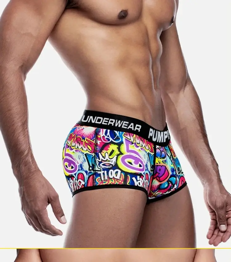 1 pçs masculino algodão mistura de náilon boxer briefs all-over graffiti impressão ampla cintura elástica não-apertado moda esporte roupa interior