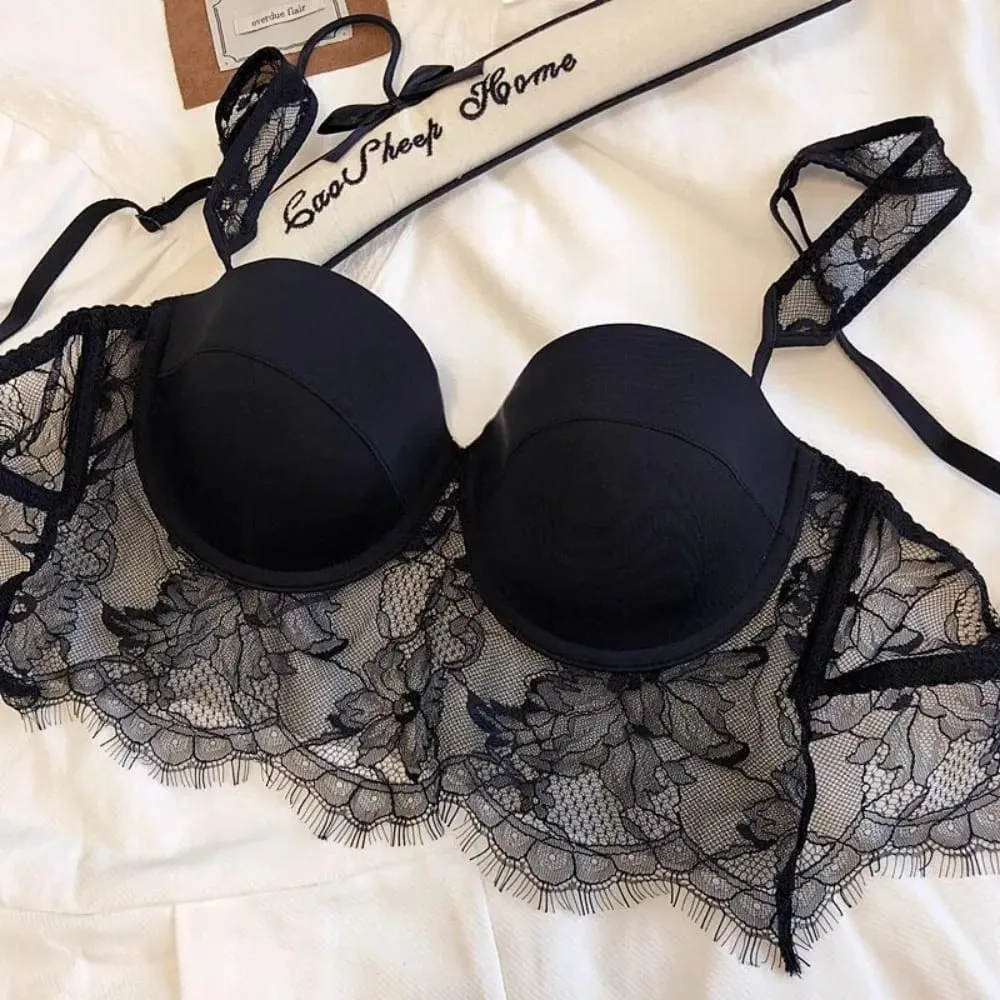 Conjunto de 2 peças de lingerie feminina chique de renda com aro macio, costas em U profundas, copo fino, push-up, verão, respirável, roupa íntima íntima S-XL