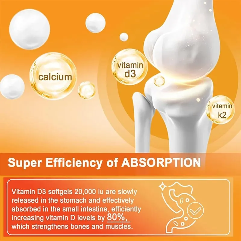 Cápsula de vitaminas D3 K2 para absorção de cálcio nas articulações dos ossos, sistema imunológico cardiovascular, suplemento diário de saúde