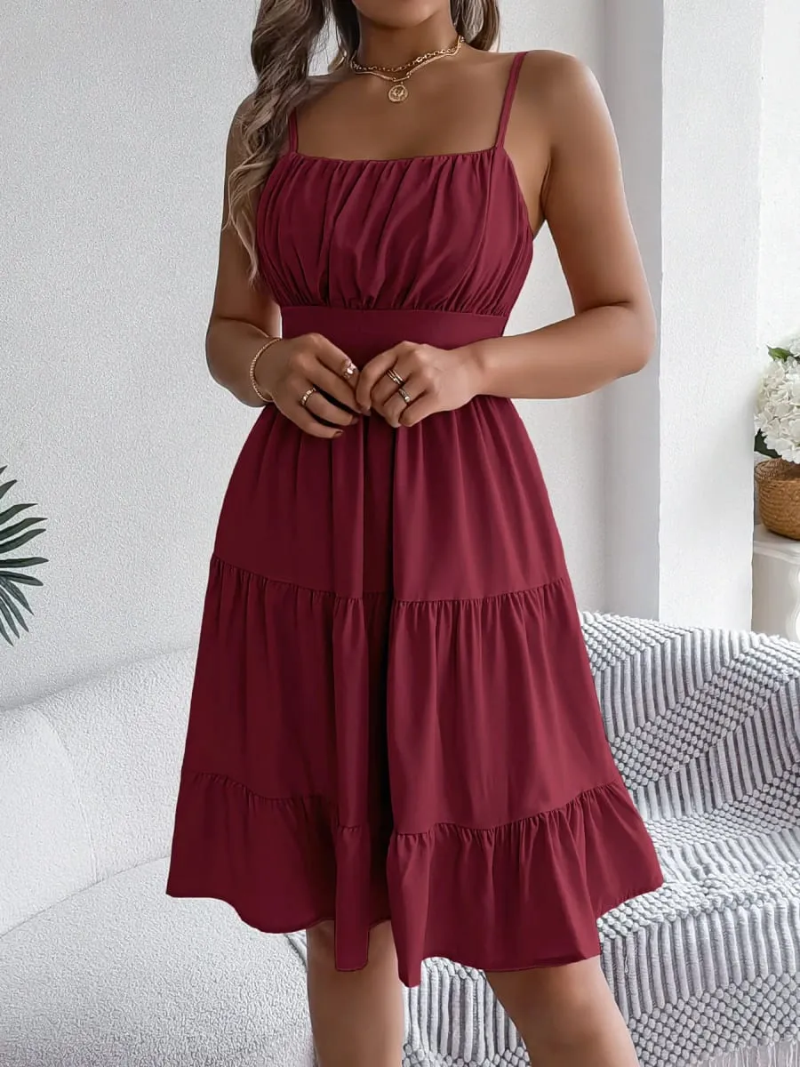 Casual Vacation Ruffled Camisole Dress Spring Summer Women's Solid Dresses For 2026 Valentine's Day Woman Clothing Pink Blue