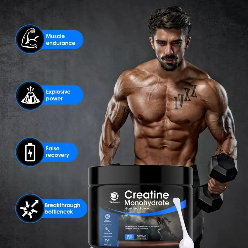 Suplementos de creatina Lukaree monohidratados para crescimento muscular, resistência e suporte energético, aumentam o desempenho atlético do homem musculoso