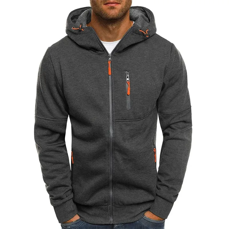 เสื้อกันหนาวผู้ชายเสื้อสเวตเตอร์ถัก Hooded Jacket กระเป๋าซิป Jacquard เสื้อแจ็คเก็ตกีฬาฟิตเนสกลางแจ้งวิ่งกีฬาสีทึบ