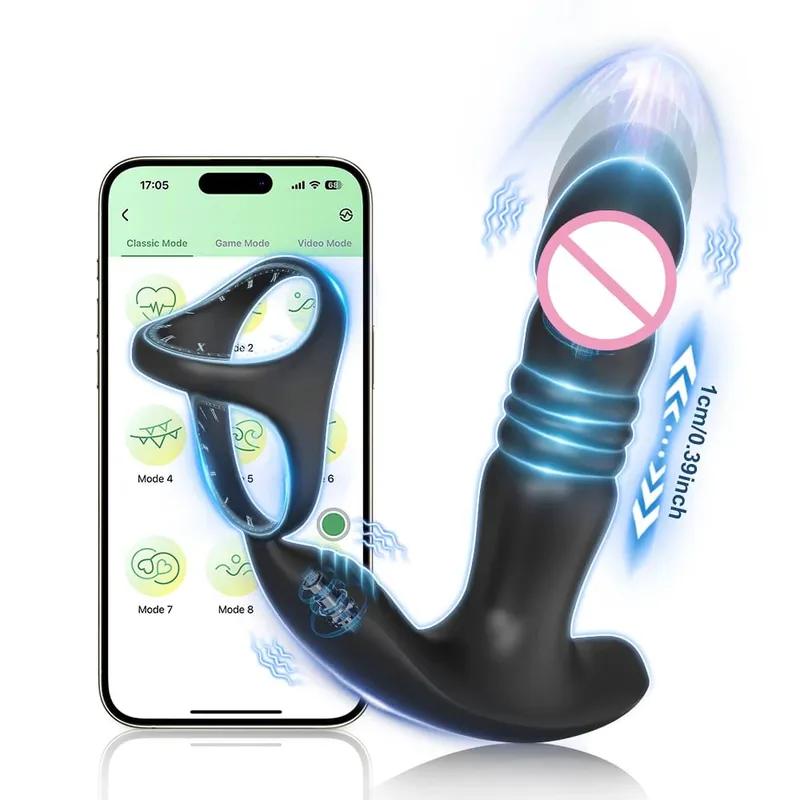 Empurrando Butt Plug para Homens Massageador de Próstata APP Vibrador Anal Telescópico Vibratório Anal Plug Estimulador de Próstata Brinquedo Sexual Homens