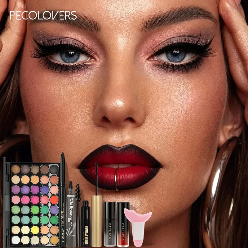 8pcs kit de maquiagem conjunto de cosméticos faciais com paleta de sombra multicolorida delineador caneta de sobrancelha rímel brilho labial