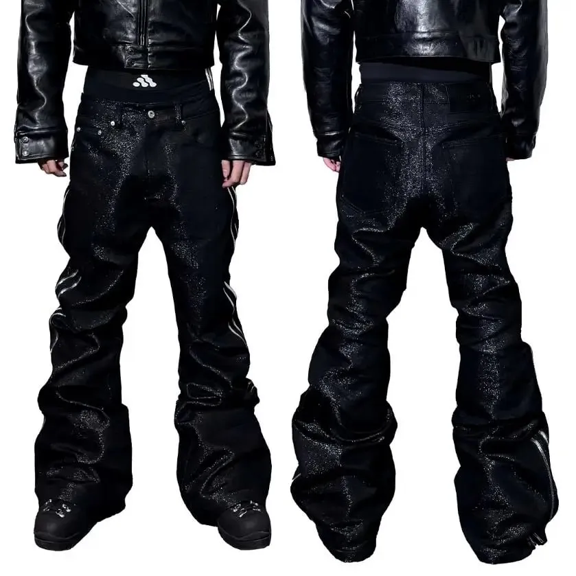Alta qualidade fio de prata tecido textura de metal bootcut jeans homem lado duplo zíper gótico punk empilhados jeans