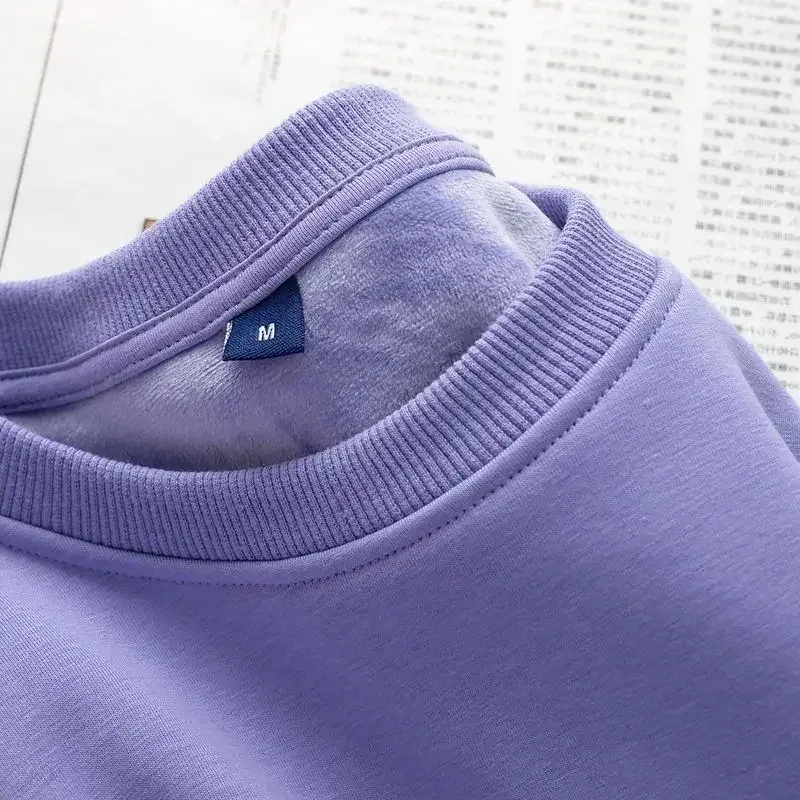 600G Cotton Plush Thickened Sweatshirt Thin Plush Heavyweight Solid Round Neck Sweater Autumn Winter Warm Sweater