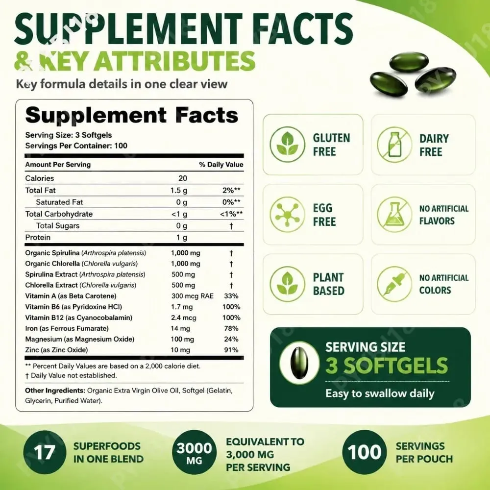 Solo Tree Spirulina Chlorella Softgels com Microalgas Orgânicas Vitamina B6 B12 Equilíbrio Digestivo e Suporte Imunológico 300 Softgels