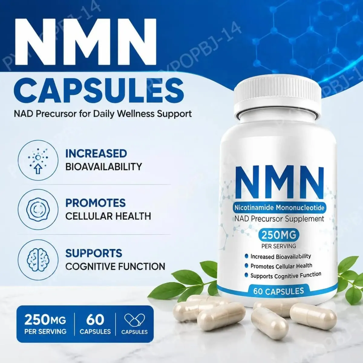 NMN Cápsulas de mononucleotídeo de nicotinamida 250 mg por porção Maior biodisponibilidade promove a saúde celular 60 cápsulas — image 2