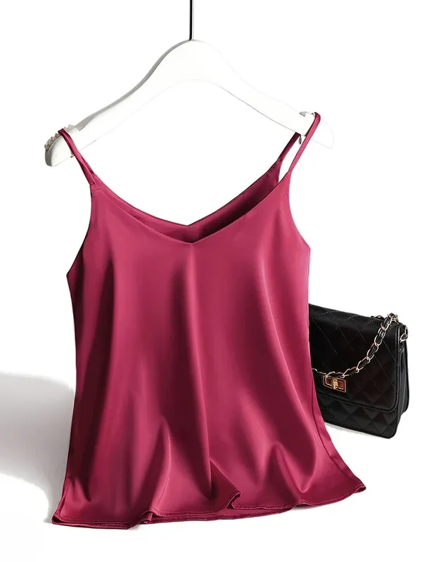 2026 Spaghetti Strap Top Women Halter V Neck Basic White Cami Sleeveless Satin Silk Tank Tops Women'S Summer Camisole