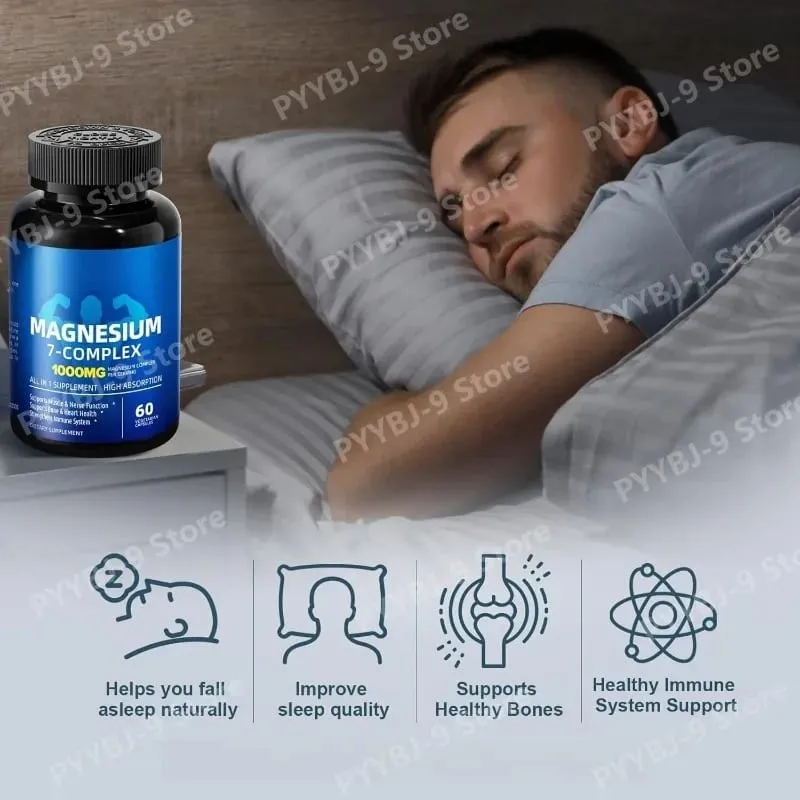 Suplemento complexo de magnésio 7 com glicinato citrato malato quelato zinco vitamina D3 B6 para alívio muscular do sono 60 cápsulas