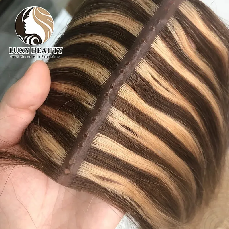 Blonde injected Hole Weft Human Hair Extensions Straight Twin Tab Butterfly Weft Natural Invisible Brown Hole Weft Extensions