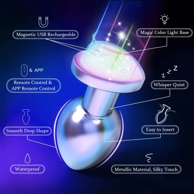Plugue anal vibratório brilhante, luz rgb, controle por aplicativo, vibrador anal, metal brilhante, plug anal, bluetooth, vibração, brinquedos sexuais adultos