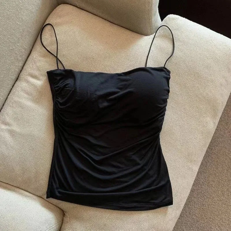 New-Sexy Solid Pleated Tank Camisole Women's Summer Spaghetti Strap Sleeveless Tops