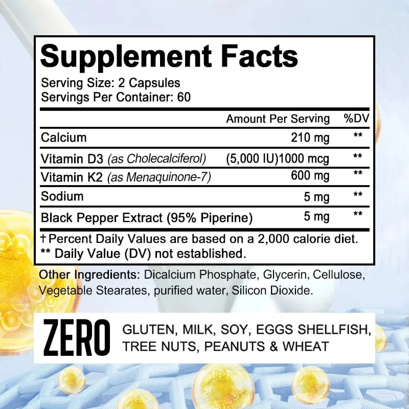Bcuelov Vitamina D3 + K2 5000 UI Vitamina D3 fórmula não OGM fácil de engolir suplemento dietético complexo de vitamina D e K — image 3