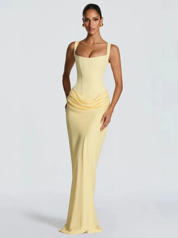 Elegante amarelo sem alças plissado vestido longo feminino chique sólido sem mangas cintura cinching split vestido 2026 senhora festa de noite robes