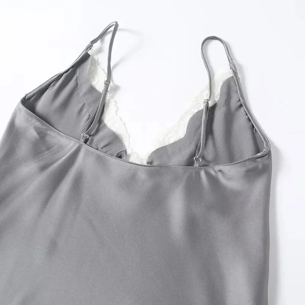 Casual cor sólida rendas retalhos tanques cinta espaguete respirável cetim camisola sem mangas com decote em v topos roupa de festa