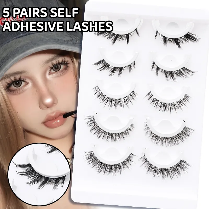 5 pares de cílios postiços autoadesivos estilo misto mangá, sem cola, reutilizáveis, cílios naturais para maquiagem diária dos olhos