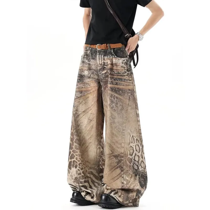 Lavado marrom angustiado leopardo impresso solto jeans masculino streetwear casual perna larga denim calças compridas verão novo