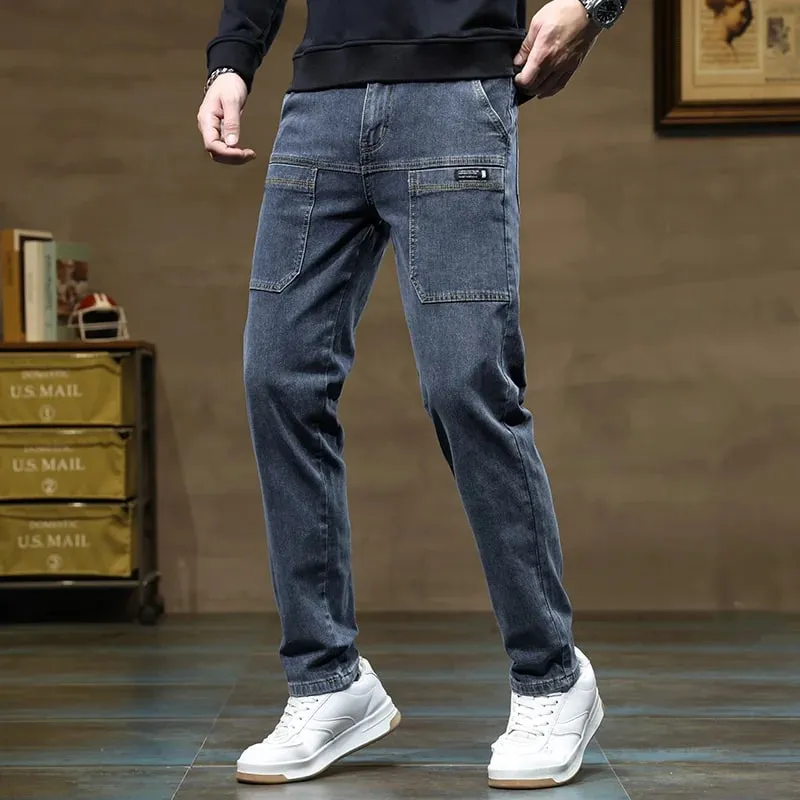 Versatile Six-Pocket Design Jeans Men's Loose Straight Leg Pants Stretchy Comfortable for Outdoor Hiking Activities All Seasons