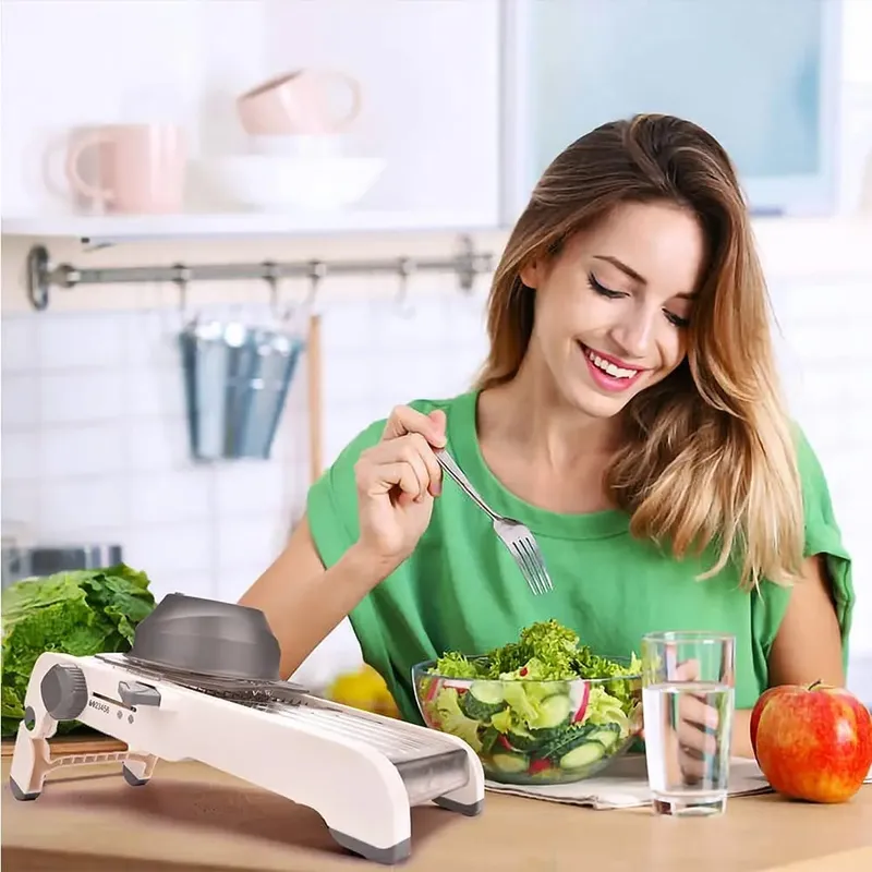 Fatiador de mandolina ultra afiado, fatiador de vegetais atualizado, espessura ajustável, cortador de alimentos, fatiador kc0450