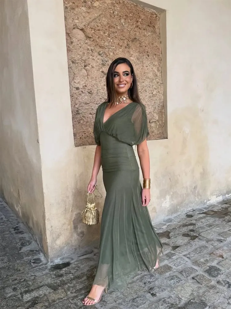 Feminino sólido profundo decote em v malha vestido longo elegante puff manga curta ruched cintura alta vestidos 2026 verão senhora casual rua robe