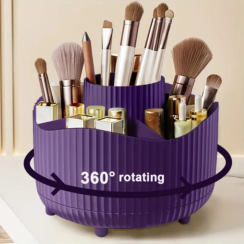 Organizador de maquiagem rotativo 360 graus, 5 espaços, armazenamento de cosméticos de plástico, elegante, versátil, suporte para pincéis, material de escritório