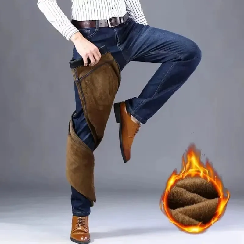 Calça jeans masculina refletiva com forro de lã – forro grosso e quente, jeans durável e acabamento reflexivo, seguro para viagens noturnas de inverno e casual