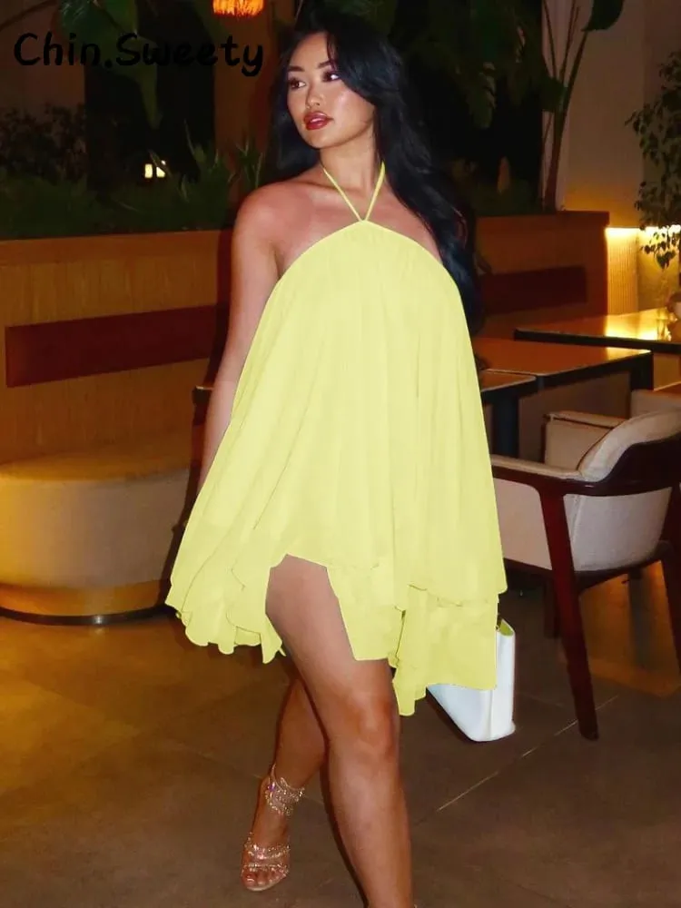 Elegante halter babados vestido curto feminino solto sólido sem alças sem mangas vestidos sem costas 2026 primavera senhora praia férias roupões